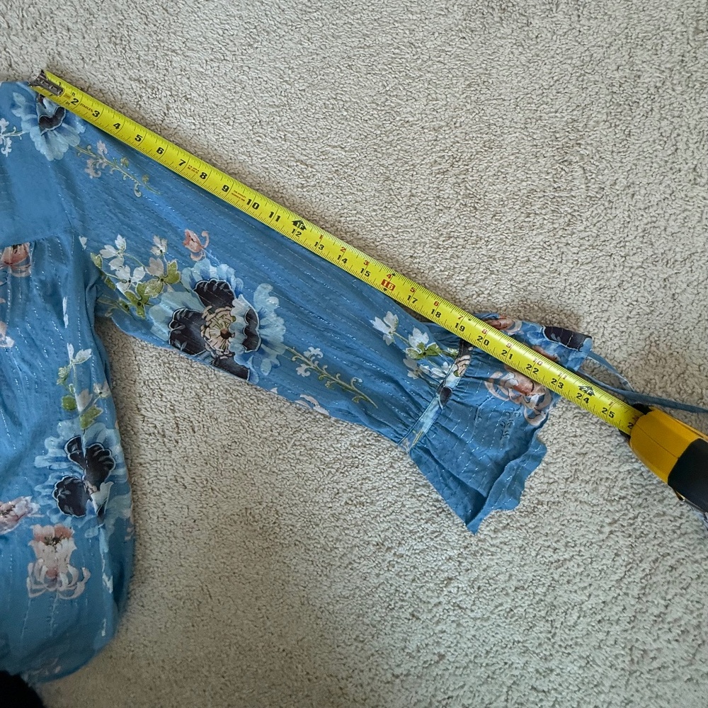 Loft Blue Floral Blouse Lightweight Sheer Boho Tie Sleeve Size L - Picture 7 of 9
